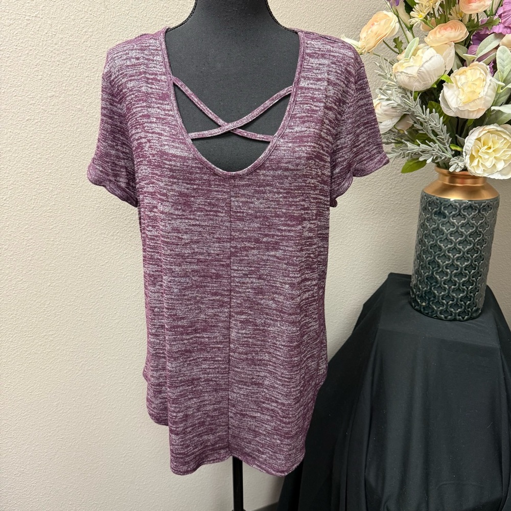 a.n.a A New Approach Purple Crisscross Front Knit Top XL Soft Casual Tee